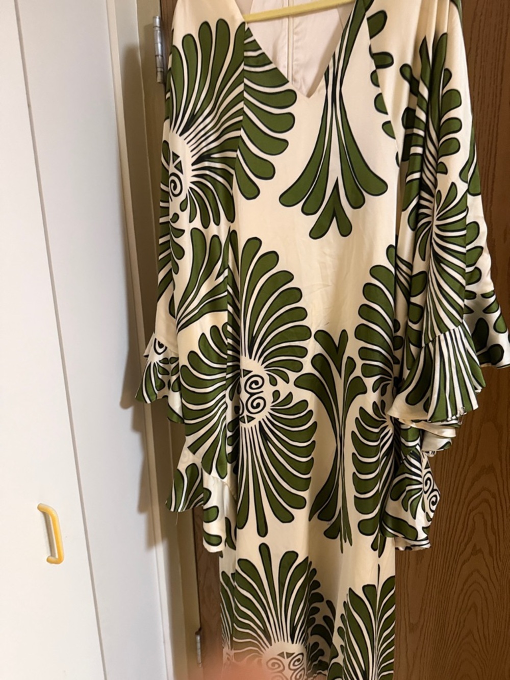 Cream Dress with Olive Green Graphic Floral Print. NOVA LUXE